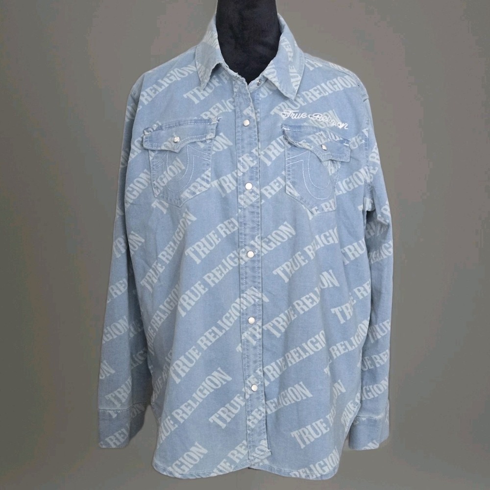 True Religion Georgia‎ Denim Shirt Men's Sz Large Western Cowboy Pearl Snap